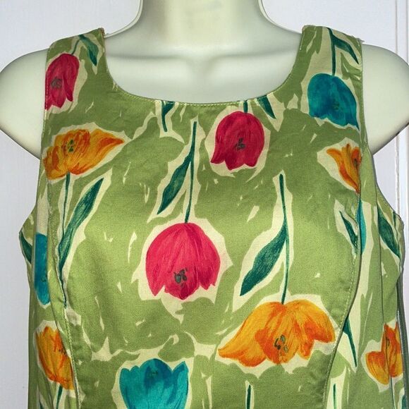 Vtg 80s/90s Alexander Campbell  green sleeveless sheath dress with tulip design - Picture 2 of 12